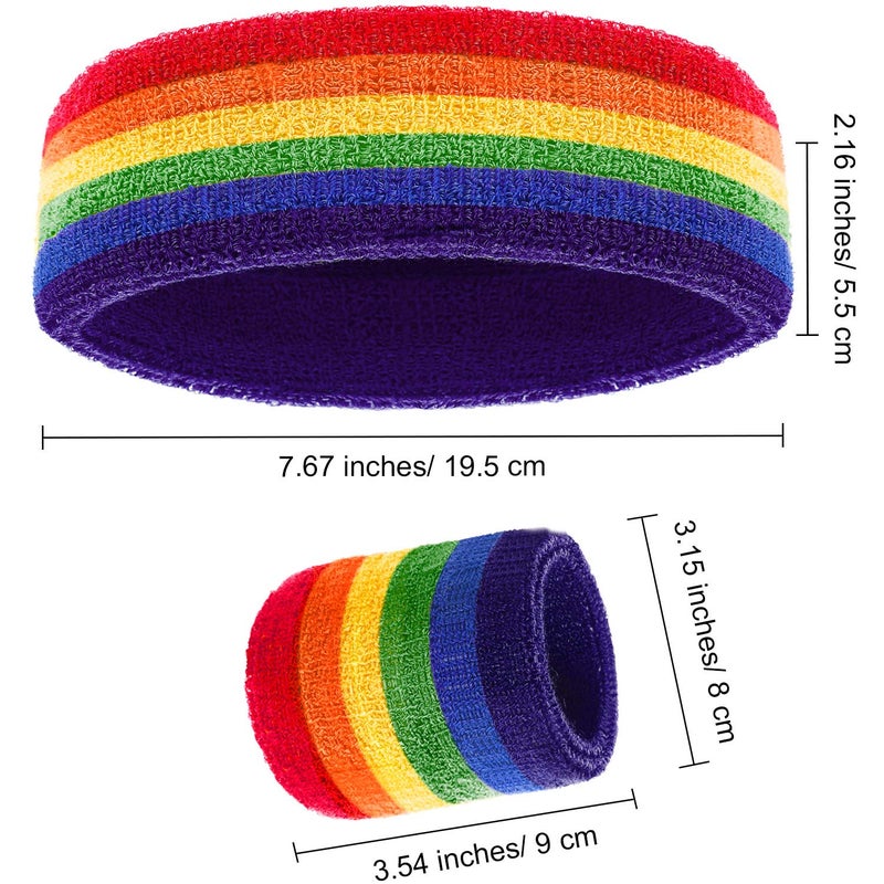 Bememo 12 Pcs Rainbow Terry Cloth Sweatbands Set for Men & Women - 4 Striped Headbands, 8 Wristbands for Sports, Gym, LGBT Pride Parades (Rainbow) - Image 4